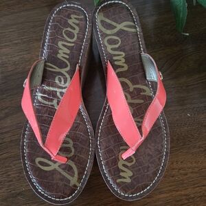 Sam Edelman Thong Cork Wedge Sandals Womens 9 Bright Coral Straps
